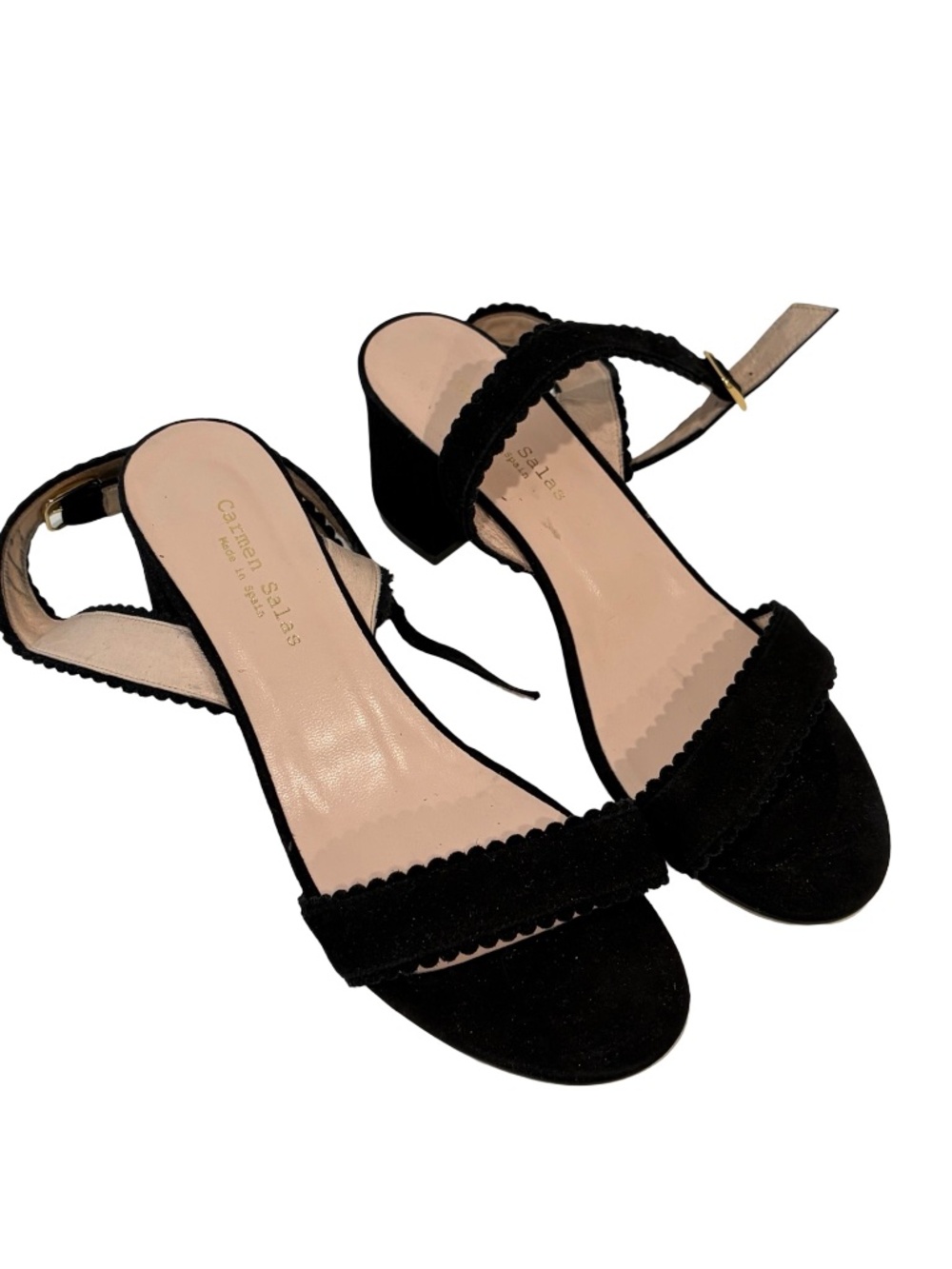 Carmen Salas Black Suede Ankle Wrap Sandal Scallop Detailing SPAIN EU 39 US 9